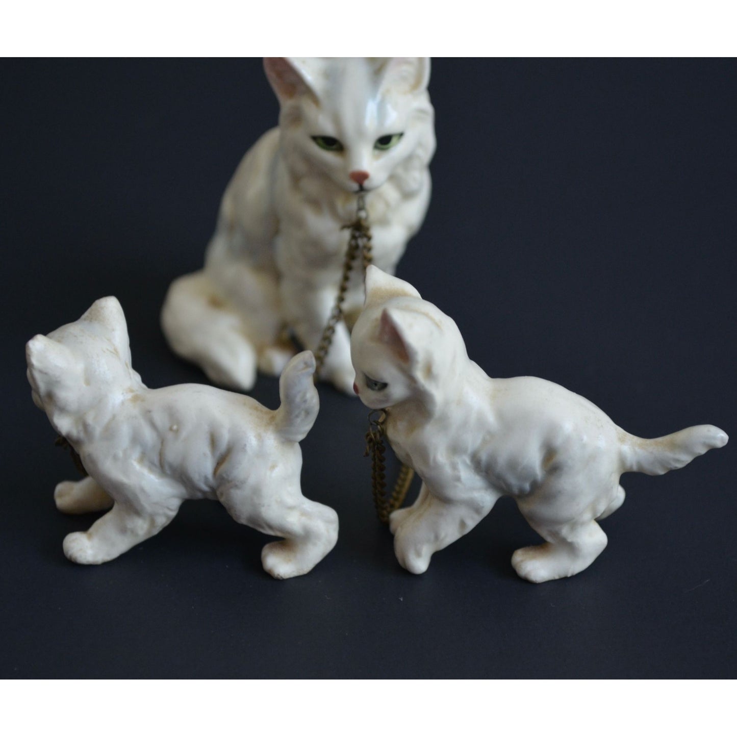 Vintage White Cat Kittens Chained Ceramic Figurines Japan