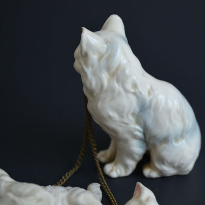 Vintage White Cat Kittens Chained Ceramic Figurines Japan