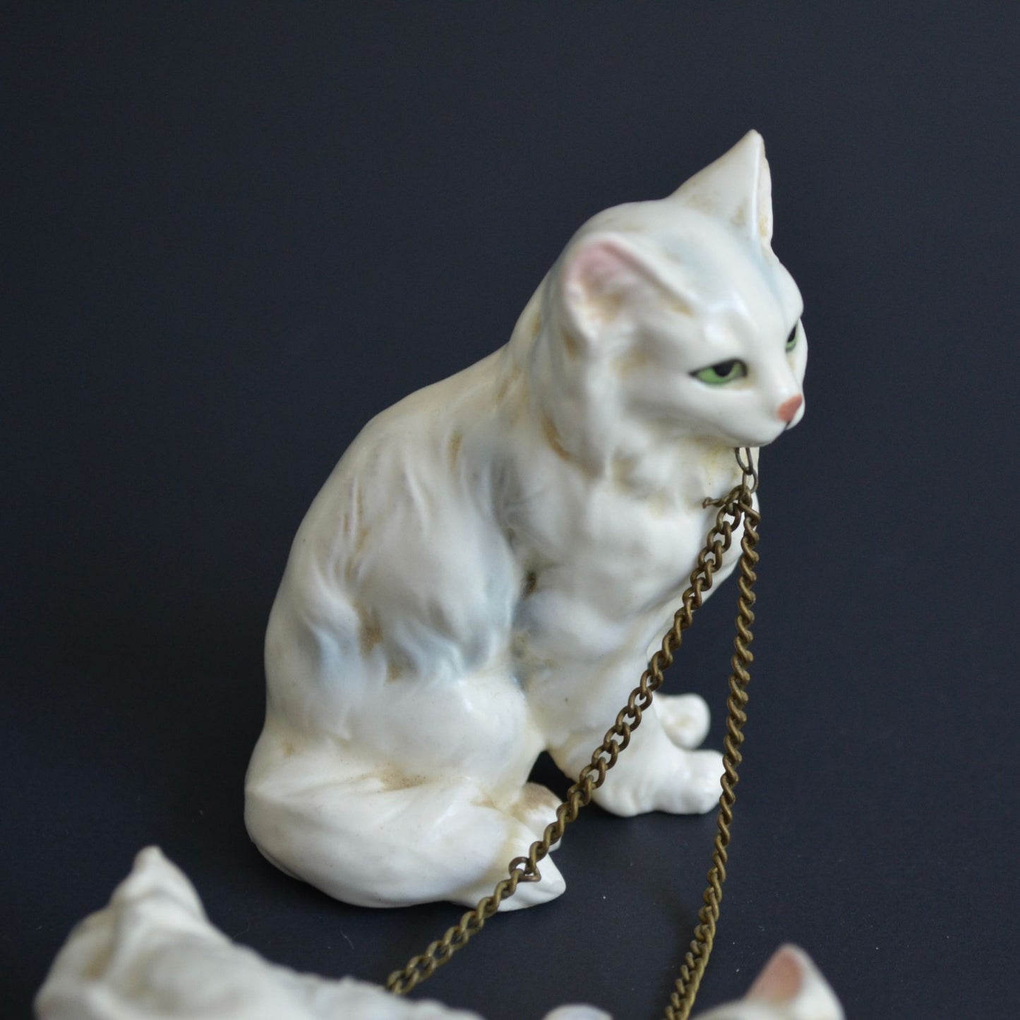 Vintage White Cat Kittens Chained Ceramic Figurines Japan