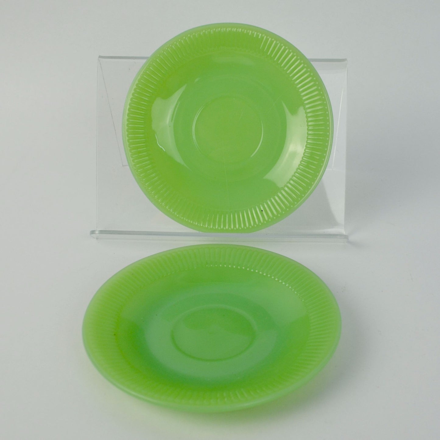 Green Jadeite Saucers Pair Lot of 2 Vintage Ribbed Unmarked Jane Ray