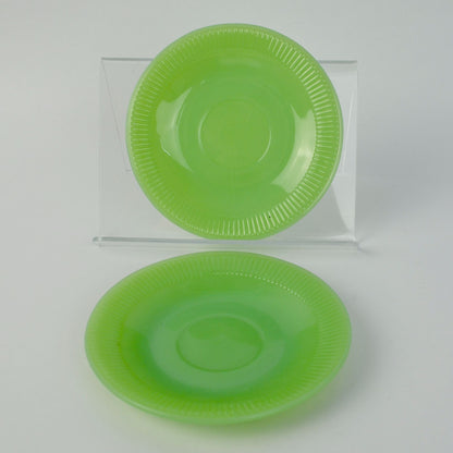 Green Jadeite Saucers Pair Lot of 2 Vintage Ribbed Unmarked Jane Ray