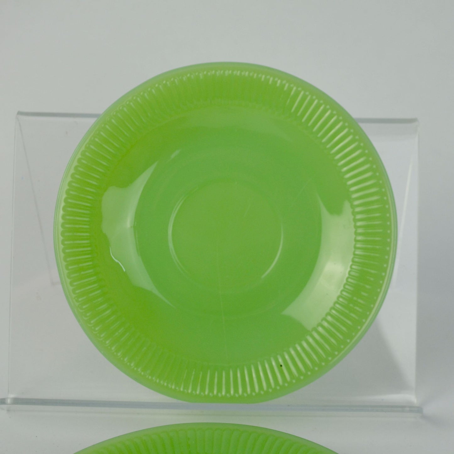 Green Jadeite Saucers Pair Lot of 2 Vintage Ribbed Unmarked Jane Ray