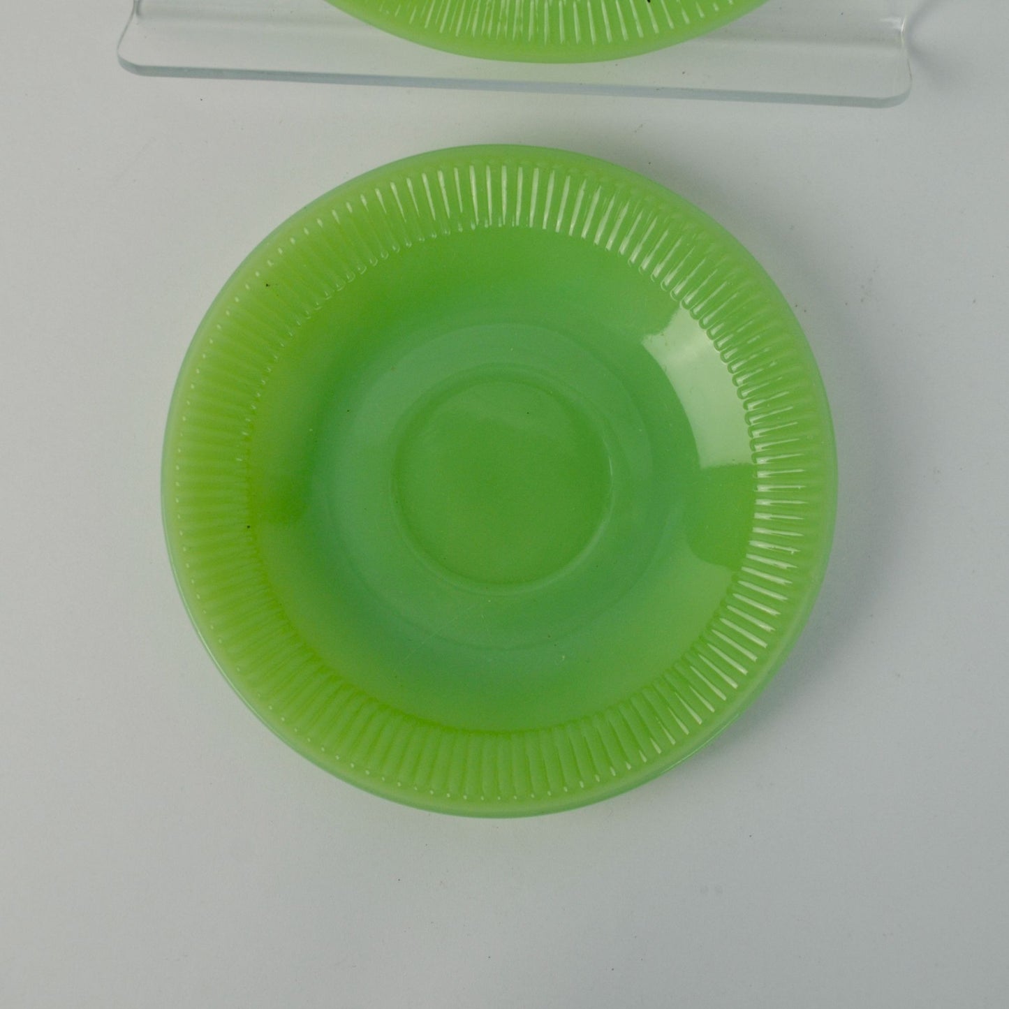 Green Jadeite Saucers Pair Lot of 2 Vintage Ribbed Unmarked Jane Ray