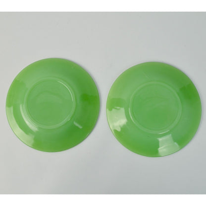 Green Jadeite Saucers Pair Lot of 2 Vintage Ribbed Unmarked Jane Ray