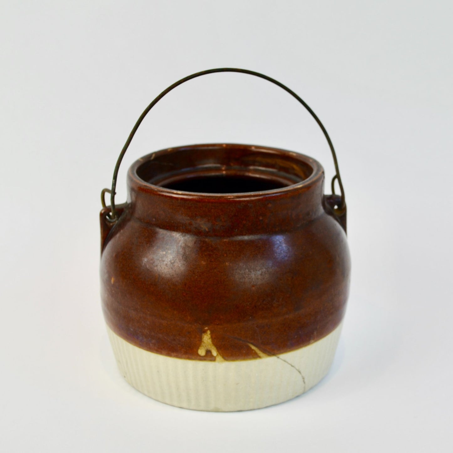Vintage Red Wing ? Brown Cream Bean Pot Crock Handle NO LID Wire Bail Handle