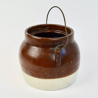 Vintage Red Wing ? Brown Cream Bean Pot Crock Handle NO LID Wire Bail Handle