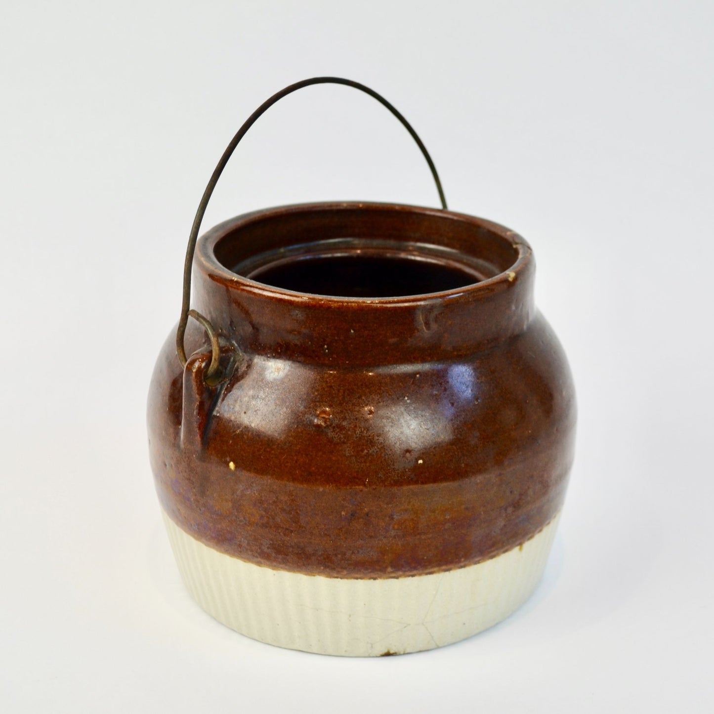 Vintage Red Wing ? Brown Cream Bean Pot Crock Handle NO LID Wire Bail Handle