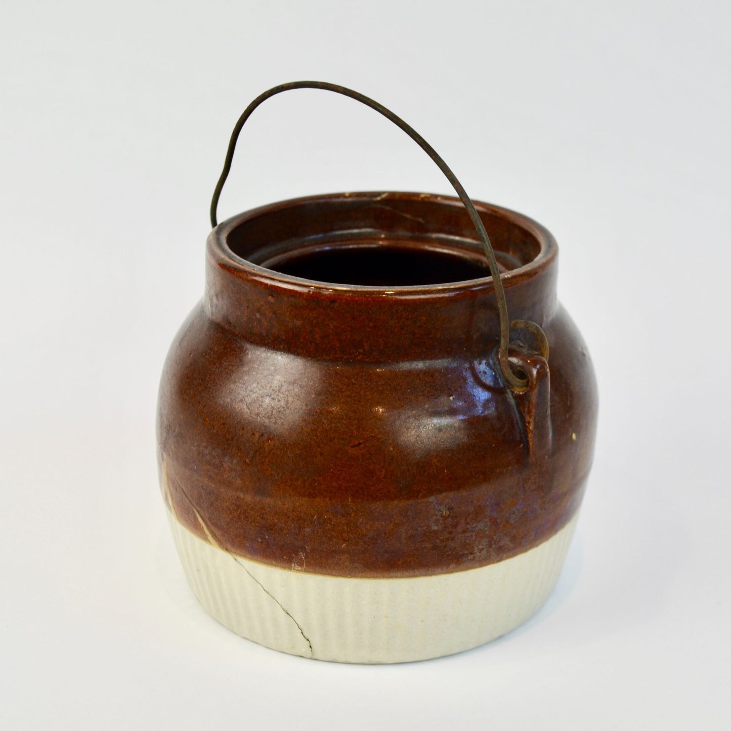 Vintage Red Wing ? Brown Cream Bean Pot Crock Handle NO LID Wire Bail Handle