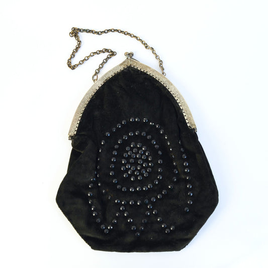 Vintage Antique? Black Velvet Jeweled Chain Handle Clutch Bag