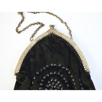 Vintage Antique? Black Velvet Jeweled Chain Handle Clutch Bag