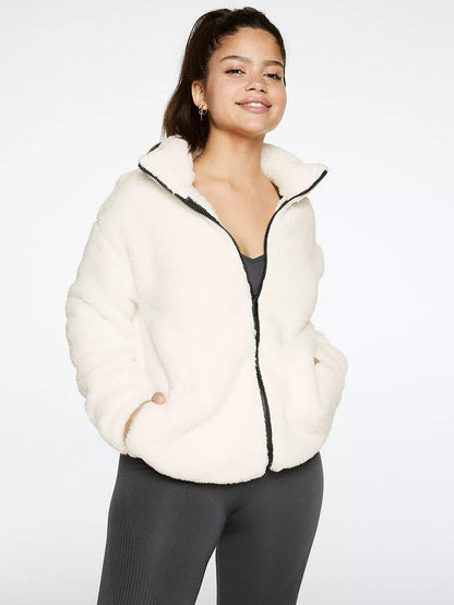 Victoria's Secret Pink Teddy Sherpa Fleece White Jacket Full Zip Large New