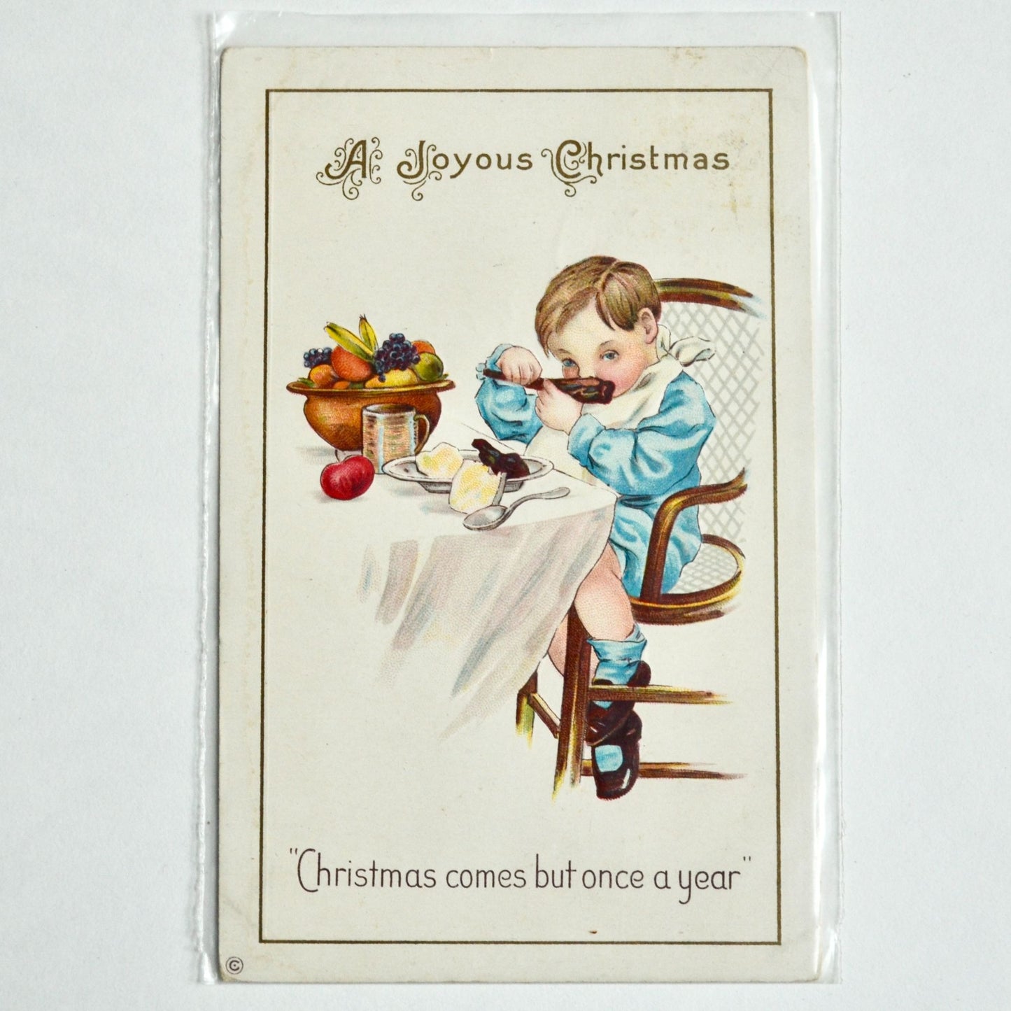 1914 Antique A Joyous Christmas Postcard Comes But Once a Year Boy Table