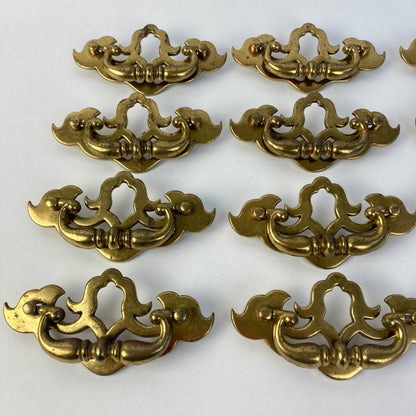 Lot of 12 Vintage Gilded Brass Drawer Pulls 657 Batwing Drop Bail