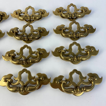 Lot of 12 Vintage Gilded Brass Drawer Pulls 657 Batwing Drop Bail