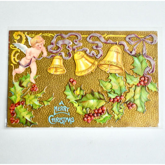 Antique 1909 A Merry Christmas Embossed Gold Postcard Cherubs Bells Holly