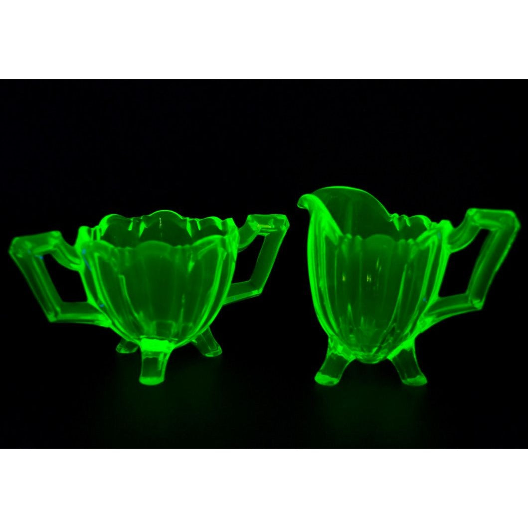 Jefferson Chippendale Uranium Vaseline Glass Creamer Sugar Set Vintage