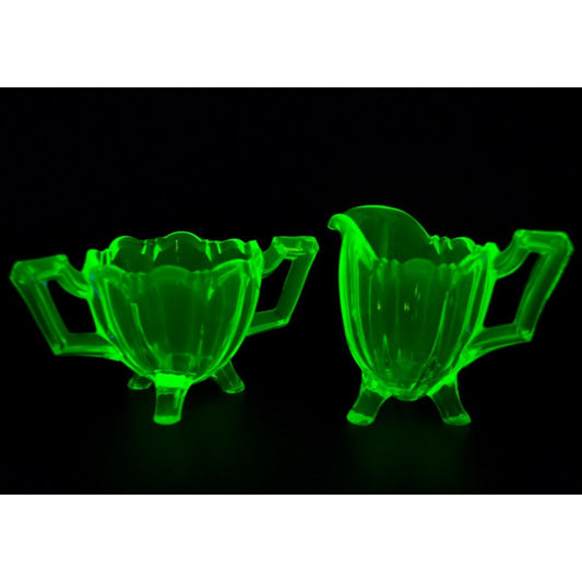 Jefferson Chippendale Uranium Vaseline Glass Creamer Sugar Set Vintage