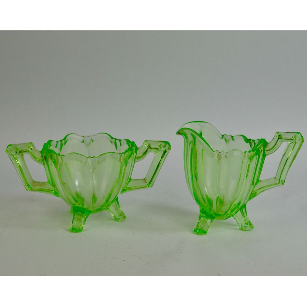Jefferson Chippendale Uranium Vaseline Glass Creamer Sugar Set Vintage