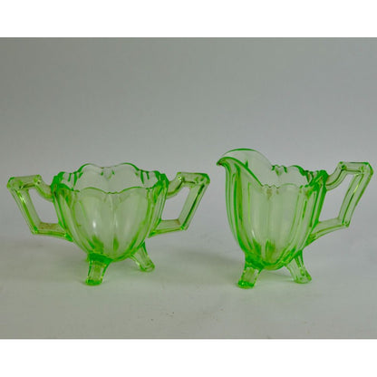 Jefferson Chippendale Uranium Vaseline Glass Creamer Sugar Set Vintage