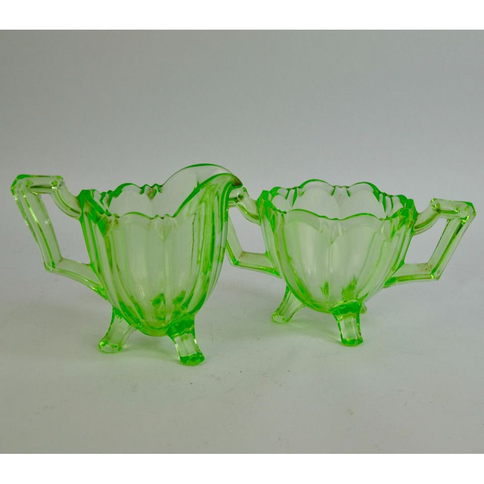 Jefferson Chippendale Uranium Vaseline Glass Creamer Sugar Set Vintage