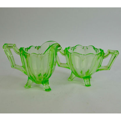 Jefferson Chippendale Uranium Vaseline Glass Creamer Sugar Set Vintage