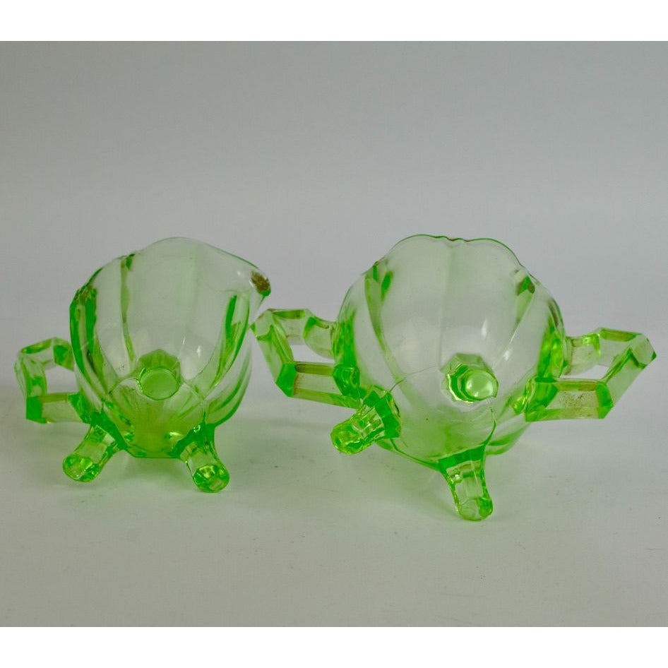 Jefferson Chippendale Uranium Vaseline Glass Creamer Sugar Set Vintage