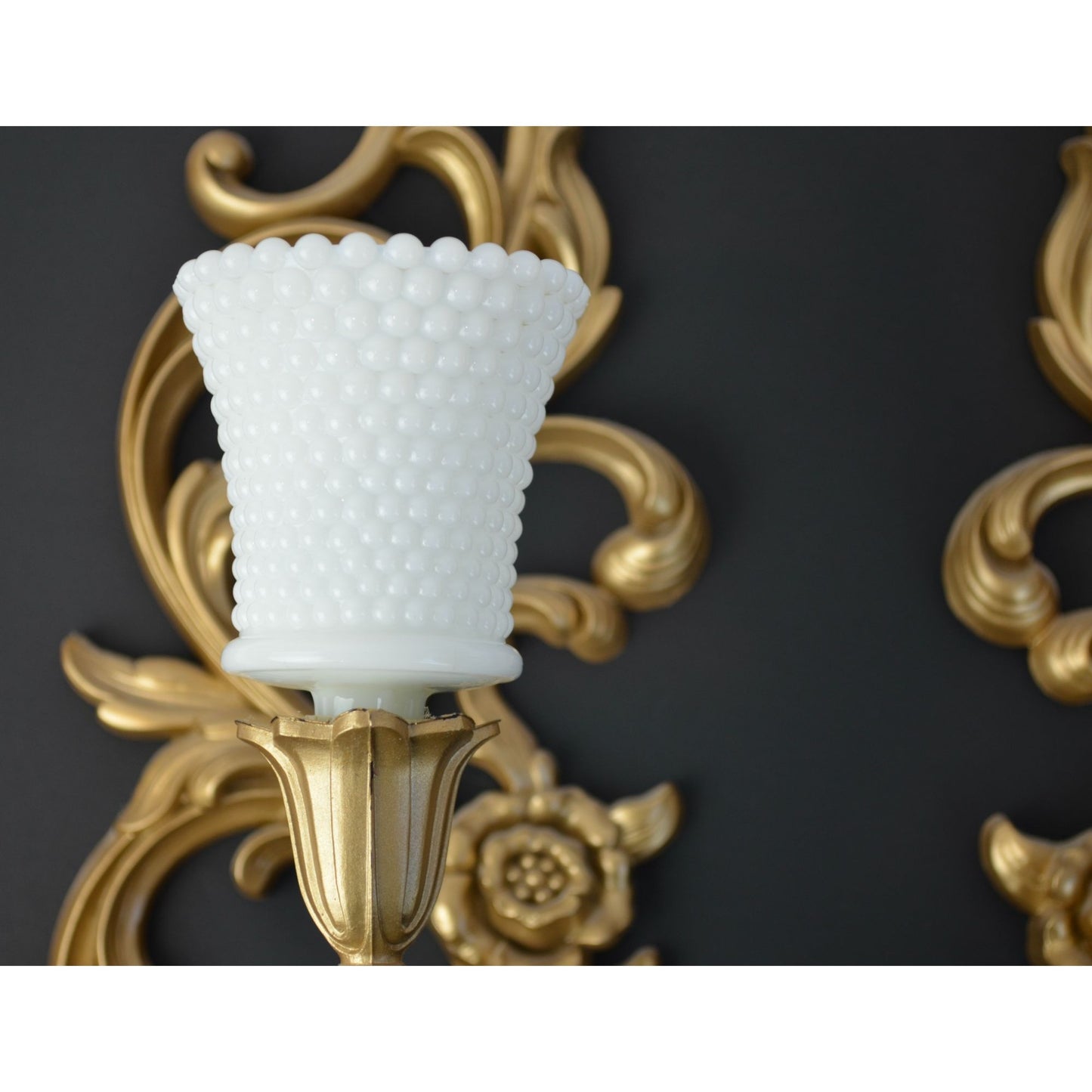 Syroco Vintage Hollywood Regency Gold Painted Candle Sconces with Milkglass Votive Holders