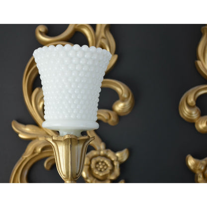 Syroco Vintage Hollywood Regency Gold Painted Candle Sconces with Milkglass Votive Holders