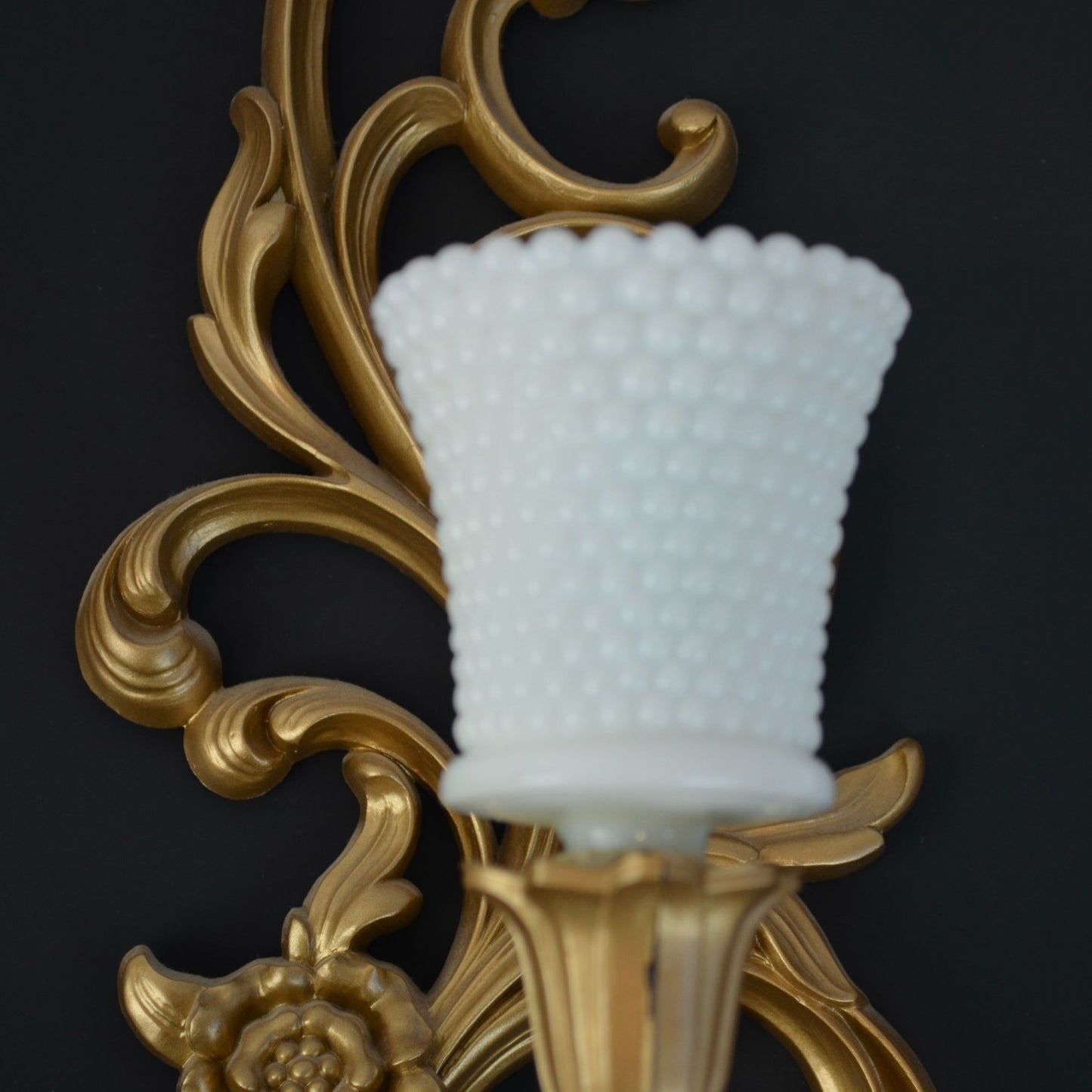 Syroco Vintage Hollywood Regency Gold Painted Candle Sconces with Milkglass Votive Holders