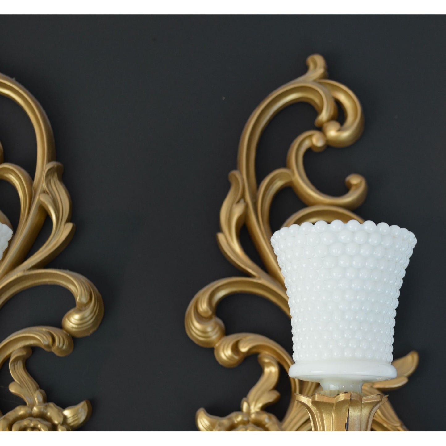 Syroco Vintage Hollywood Regency Gold Painted Candle Sconces with Milkglass Votive Holders