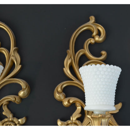 Syroco Vintage Hollywood Regency Gold Painted Candle Sconces with Milkglass Votive Holders