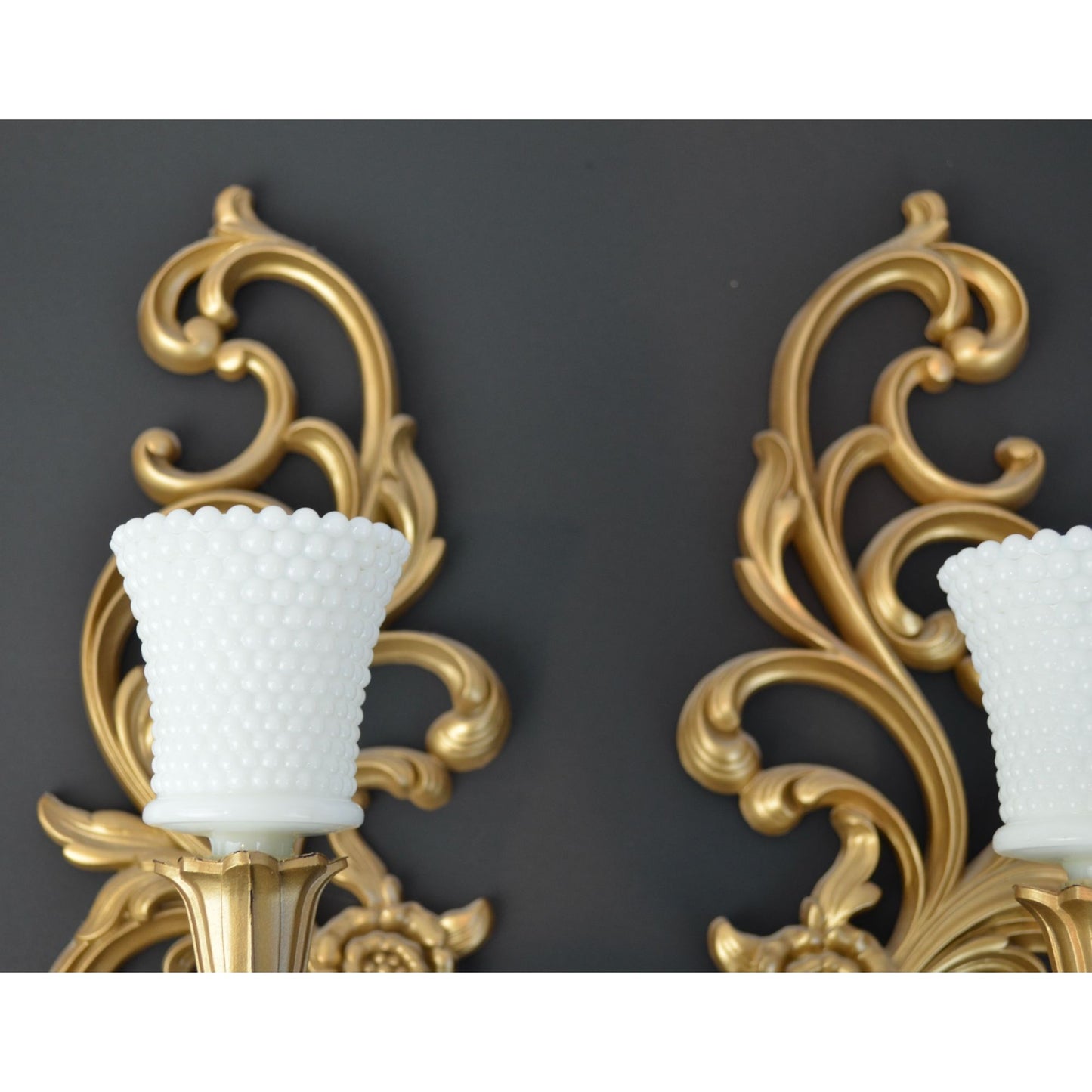 Syroco Vintage Hollywood Regency Gold Painted Candle Sconces with Milkglass Votive Holders