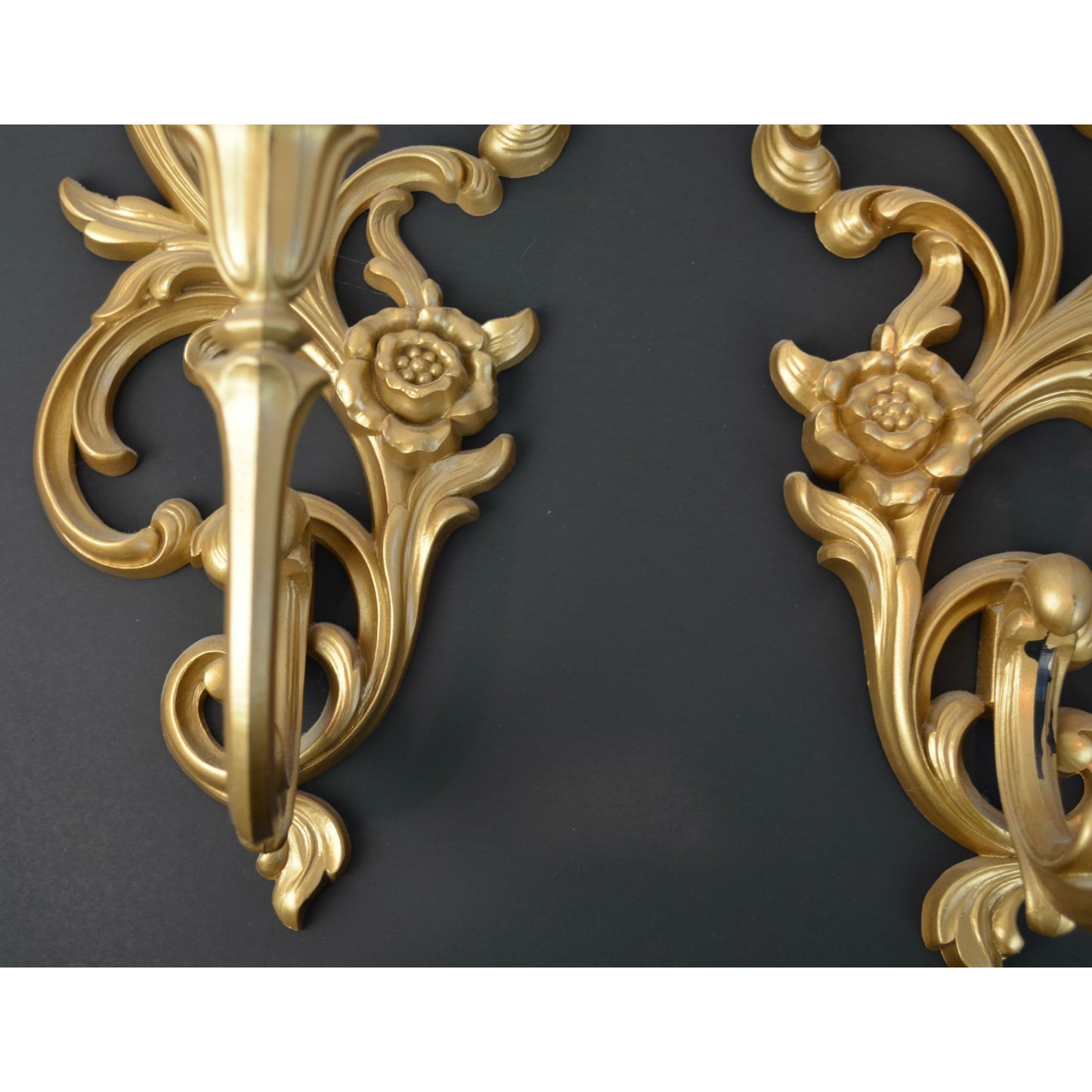 Syroco Vintage Hollywood Regency Gold Painted Candle Sconces with Milkglass Votive Holders