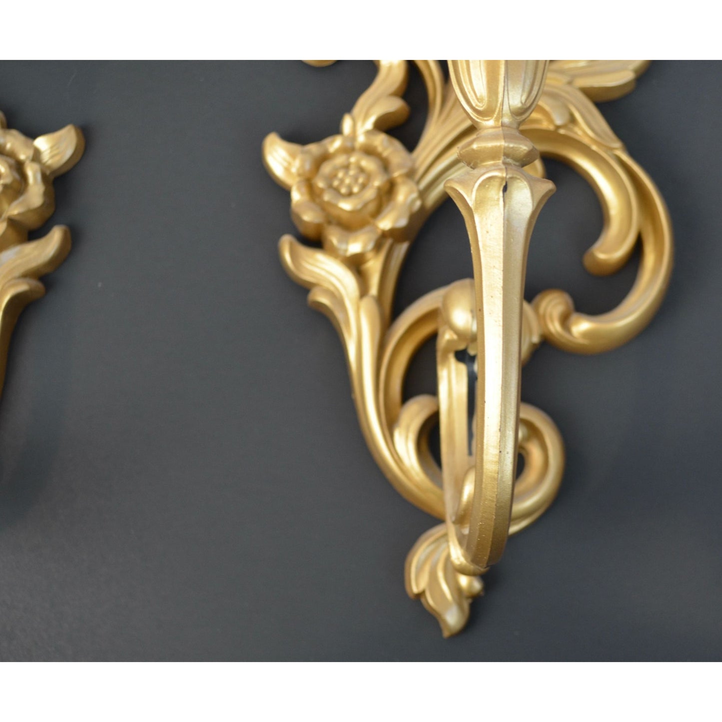 Syroco Vintage Hollywood Regency Gold Painted Candle Sconces with Milkglass Votive Holders