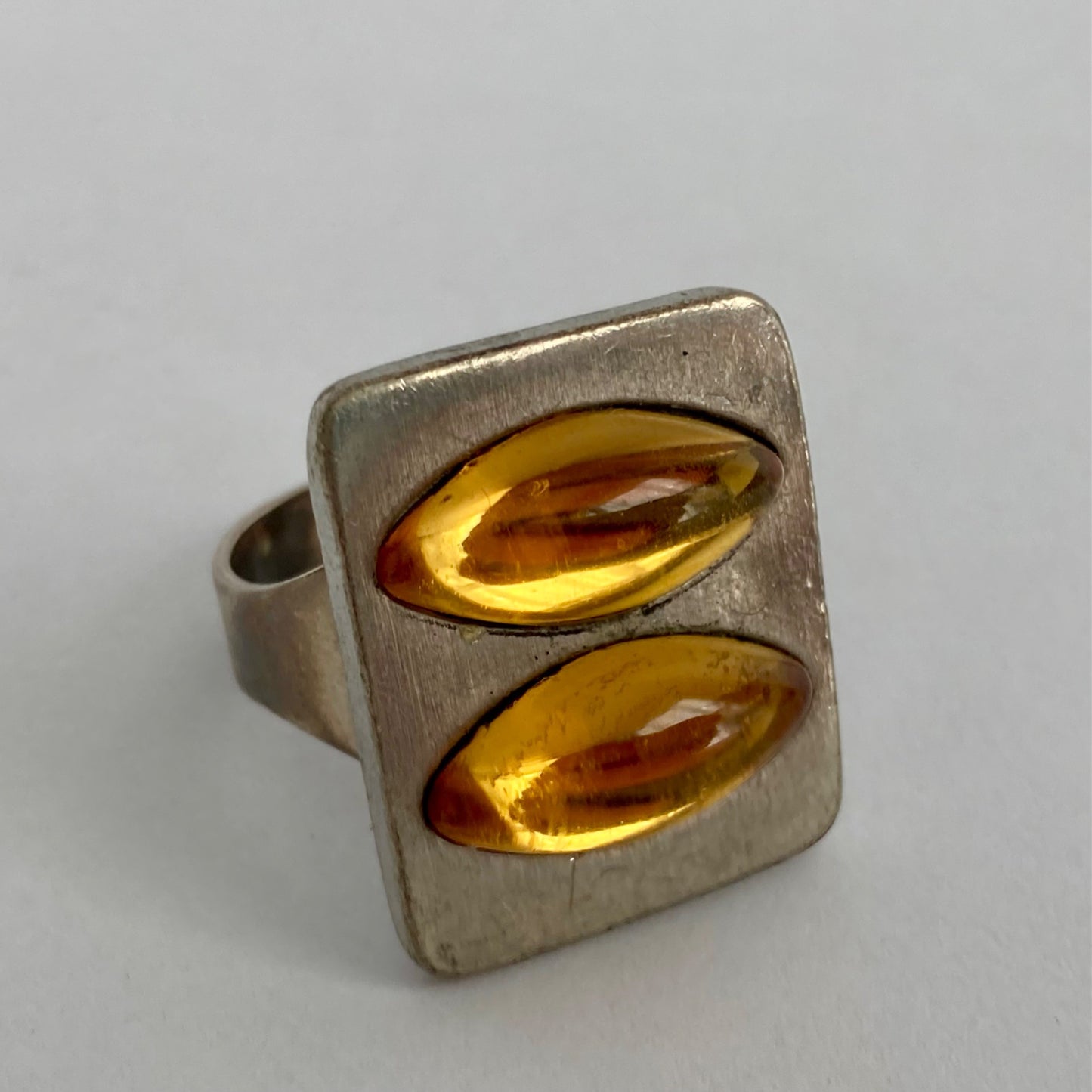 John Friese Pewter Denmark Ring Baltic Amber ? Adjustable Modernist