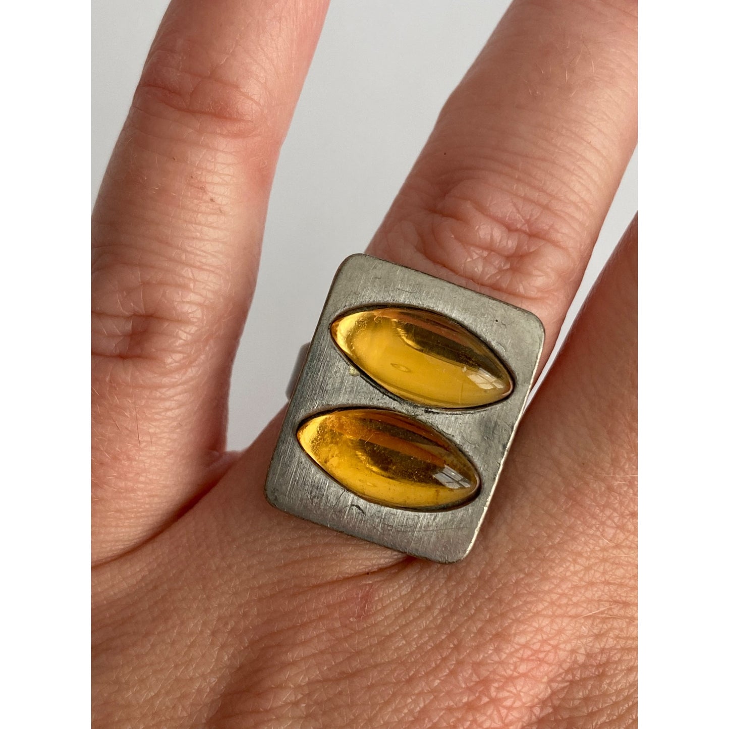 John Friese Pewter Denmark Ring Baltic Amber ? Adjustable Modernist