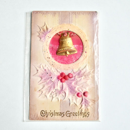 Early 1900s Christmas Greetings Postcard with Metal Bell