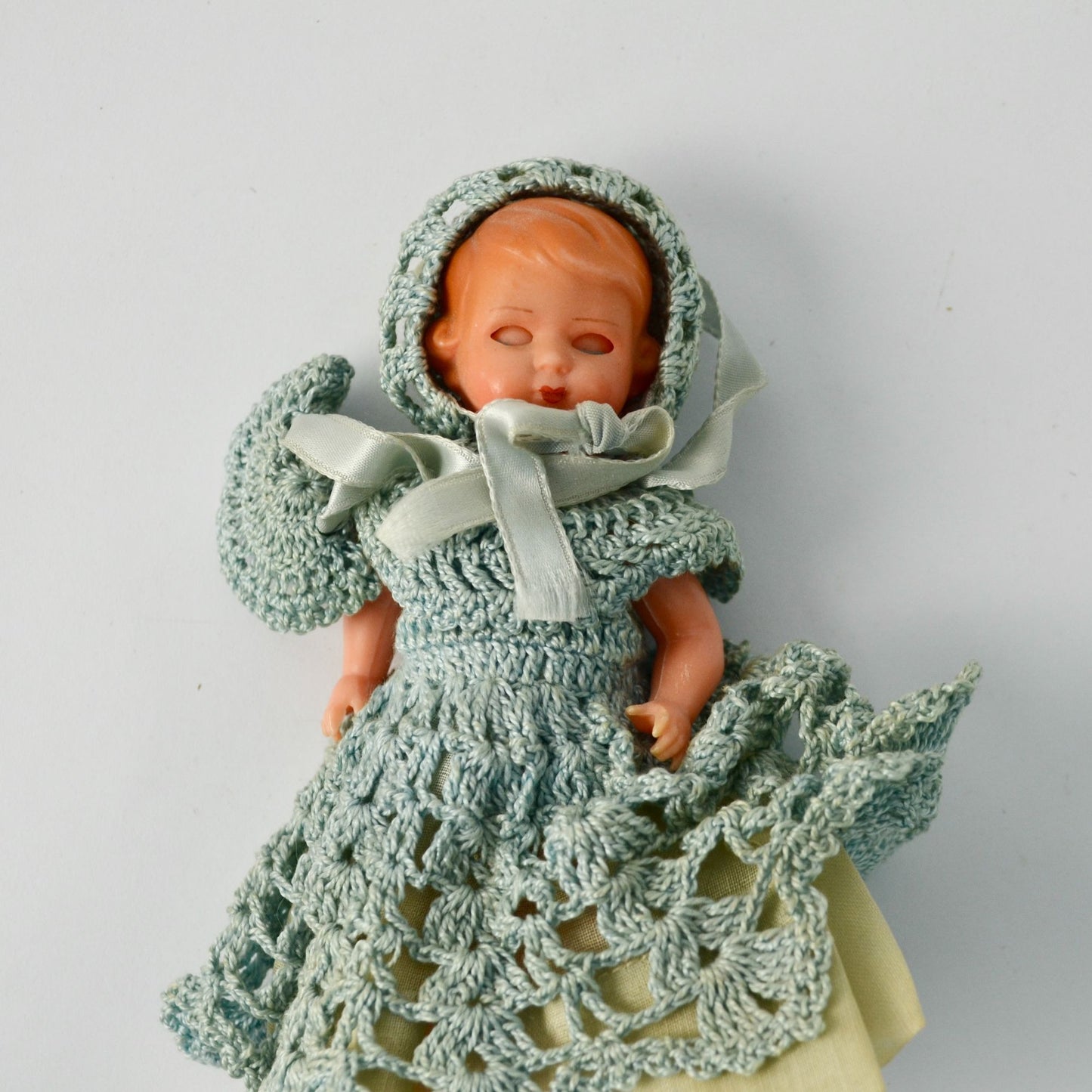 Vintage Sleepy Eye Doll with Blue Crochet Dress 6"