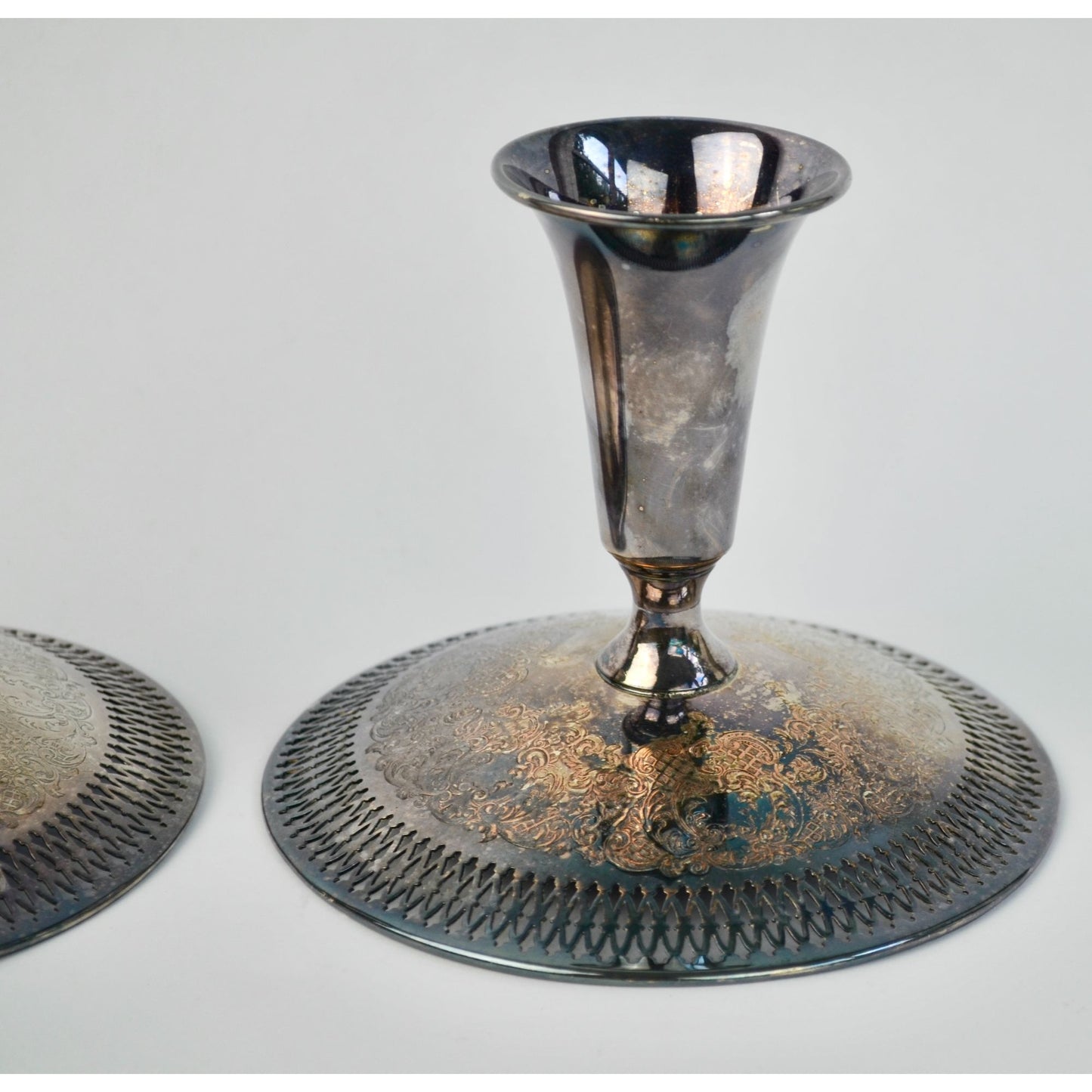 Vintage B. M. Co. Brocade 2241 Pierced Embossed Candlesticks Pair Silverplate Beautiful!
