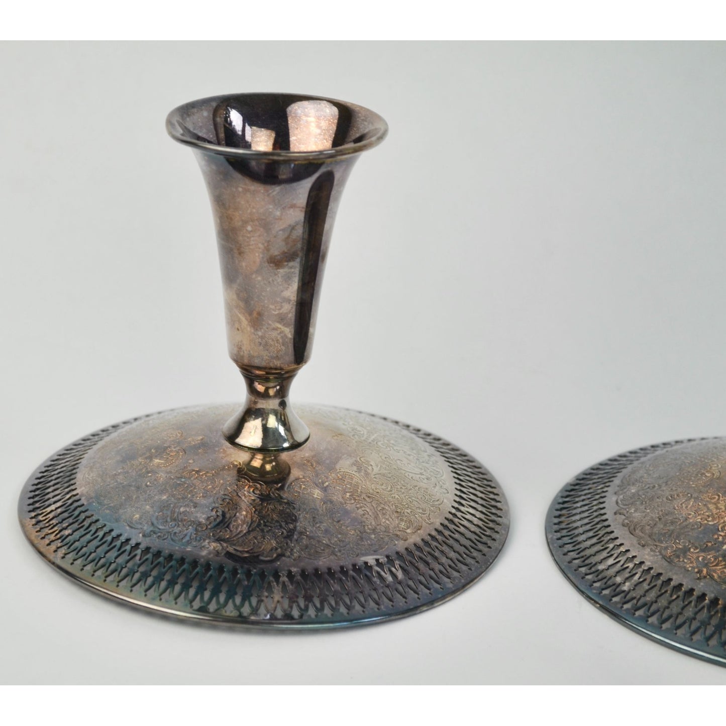 Vintage B. M. Co. Brocade 2241 Pierced Embossed Candlesticks Pair Silverplate Beautiful!