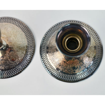 Vintage B. M. Co. Brocade 2241 Pierced Embossed Candlesticks Pair Silverplate Beautiful!