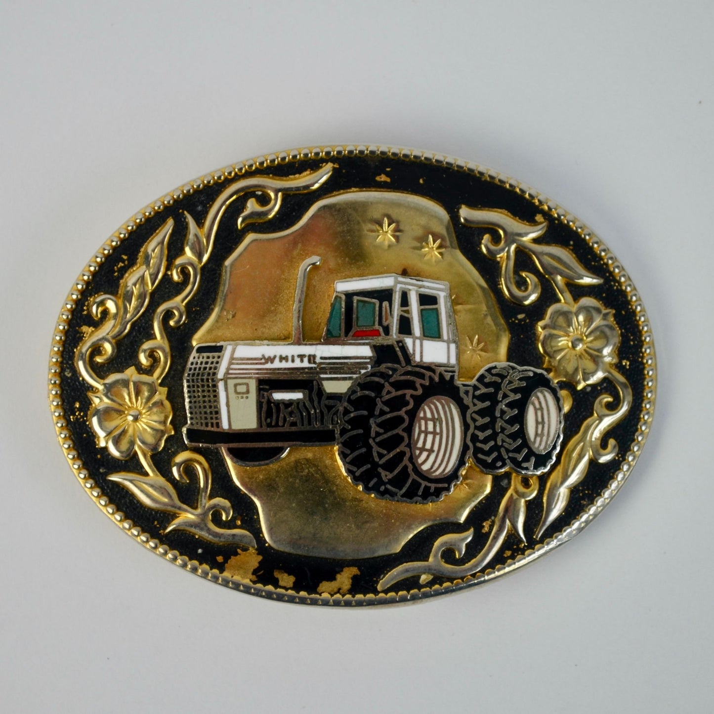 White Tractor Floral Gold Black Detail Belt Buckle Vintage