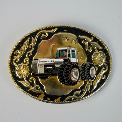 White Tractor Floral Gold Black Detail Belt Buckle Vintage