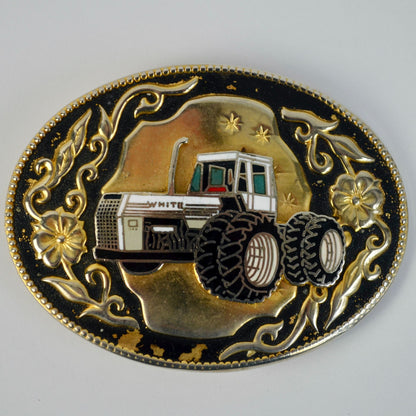 White Tractor Floral Gold Black Detail Belt Buckle Vintage