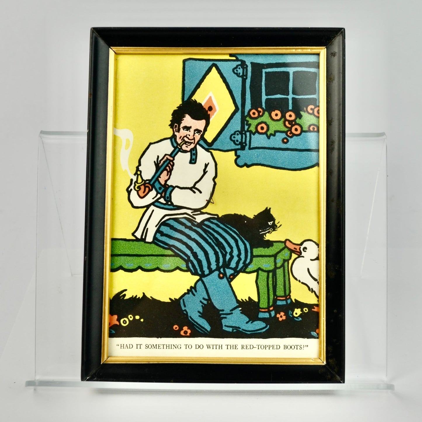 Man Smoking Pipe Cat Duck Framed Vintage Print