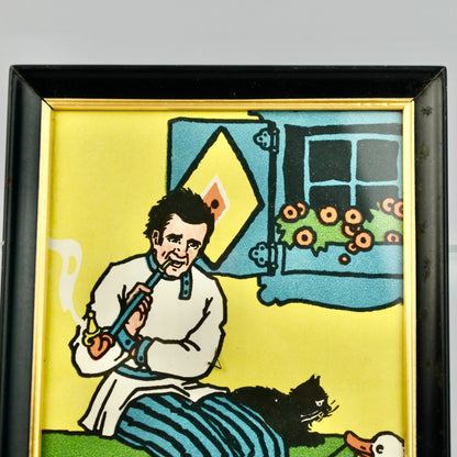 Man Smoking Pipe Cat Duck Framed Vintage Print