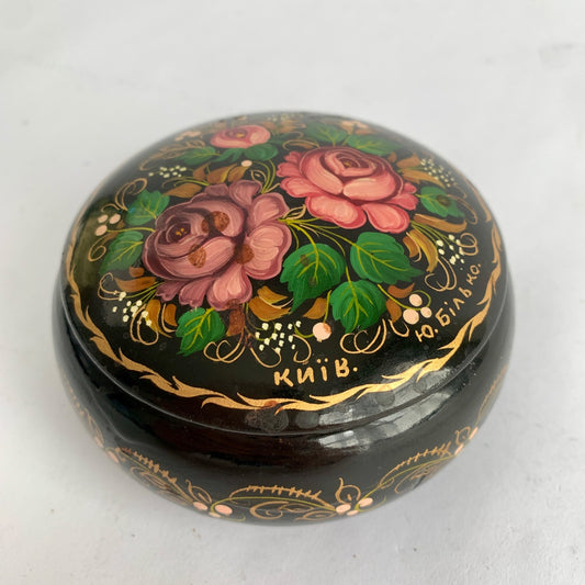 Vintage Ukraine Ukrainian Hand-painted Trinket Bowl Dish Lidded Floral Black Lacquered