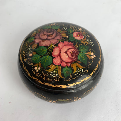 Vintage Ukraine Ukrainian Hand-painted Trinket Bowl Dish Lidded Floral Black Lacquered