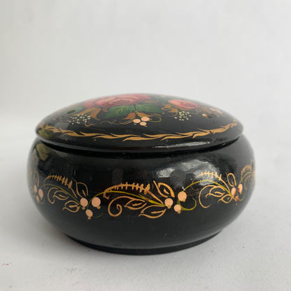 Vintage Ukraine Ukrainian Hand-painted Trinket Bowl Dish Lidded Floral Black Lacquered