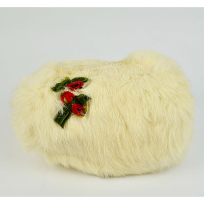Vintage Cream Rabbit Fur Hand Muff Genuine with Festive Red & Green Accents